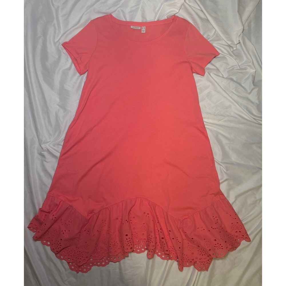 LOGO Lori Goldstein Eyelet Hem T-Shirt Dress‎ Womens Medium Petite Coral Pink
